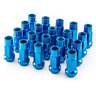 Customadeonly 20 Pieces 1.89" 48mm Open End Extended Steel Wheel Lug Nuts Set Hyber Blue Finish Thread 12x1.25 Hex 17 Conical Cone Seat